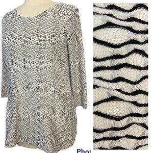 Habitat White Black Long Sleeve Textured Pockets Semi Fitted Tunic Top